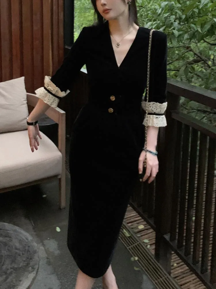 Abito francese nero vintage abito da donna stilista coreano elegante abito longuette femminile a vita alta sottile Francia abito da festa autunno nuovo