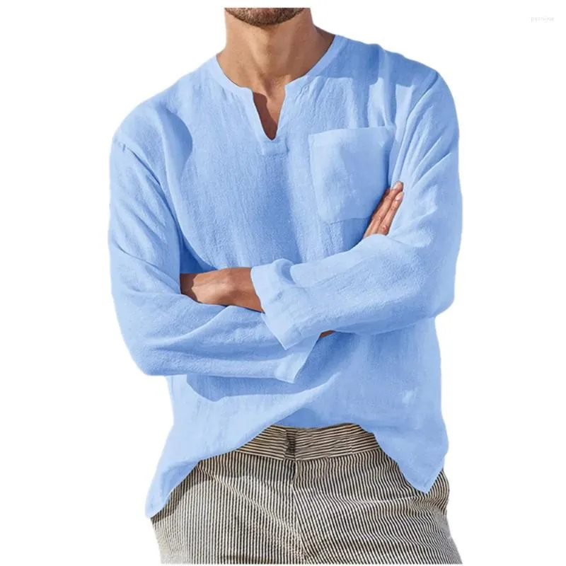 メンズカジュアルシャツコットンリネンメンシャツ短い通気性快適なソリッドカラー長袖vネックブラウスハワイアン特大のトップス