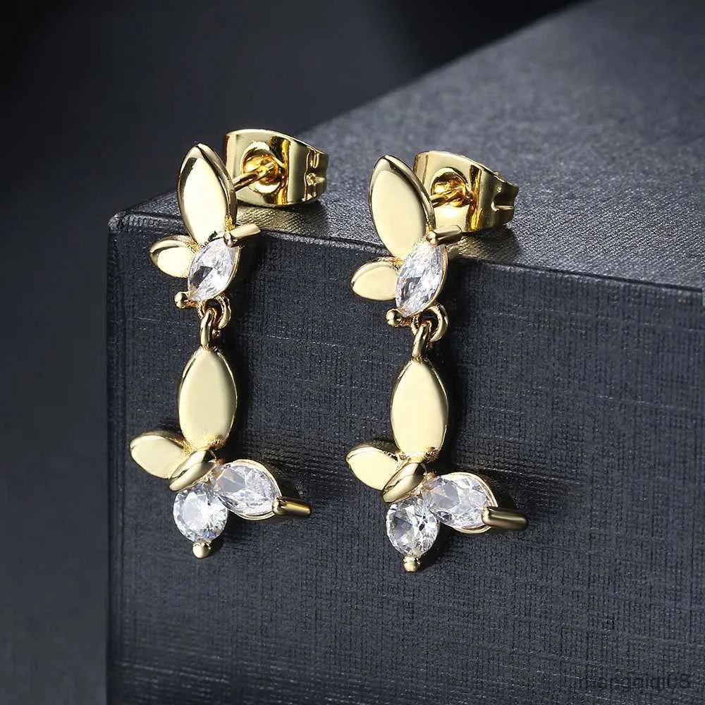 Pendientes de gota de mariposa de Color dorado delicado para mujer, pendientes de oreja de cristal brillante, joyería de moda femenina R230603
