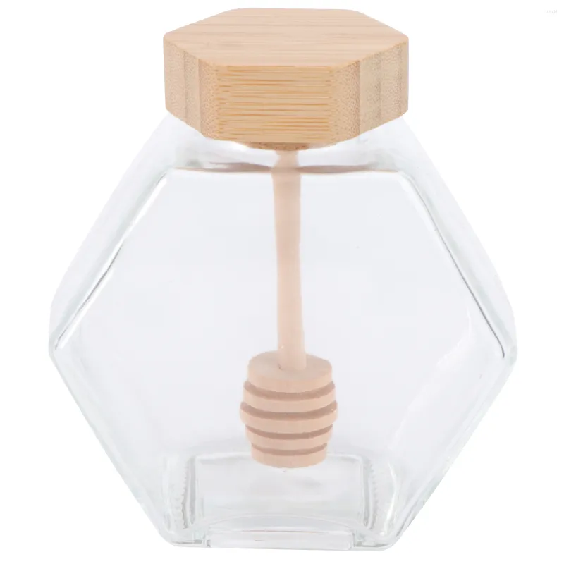 Servis uppsättningar hexagon honung kruka glas burk med trä dippare och korklock täcke för hemkök klart 220 ml