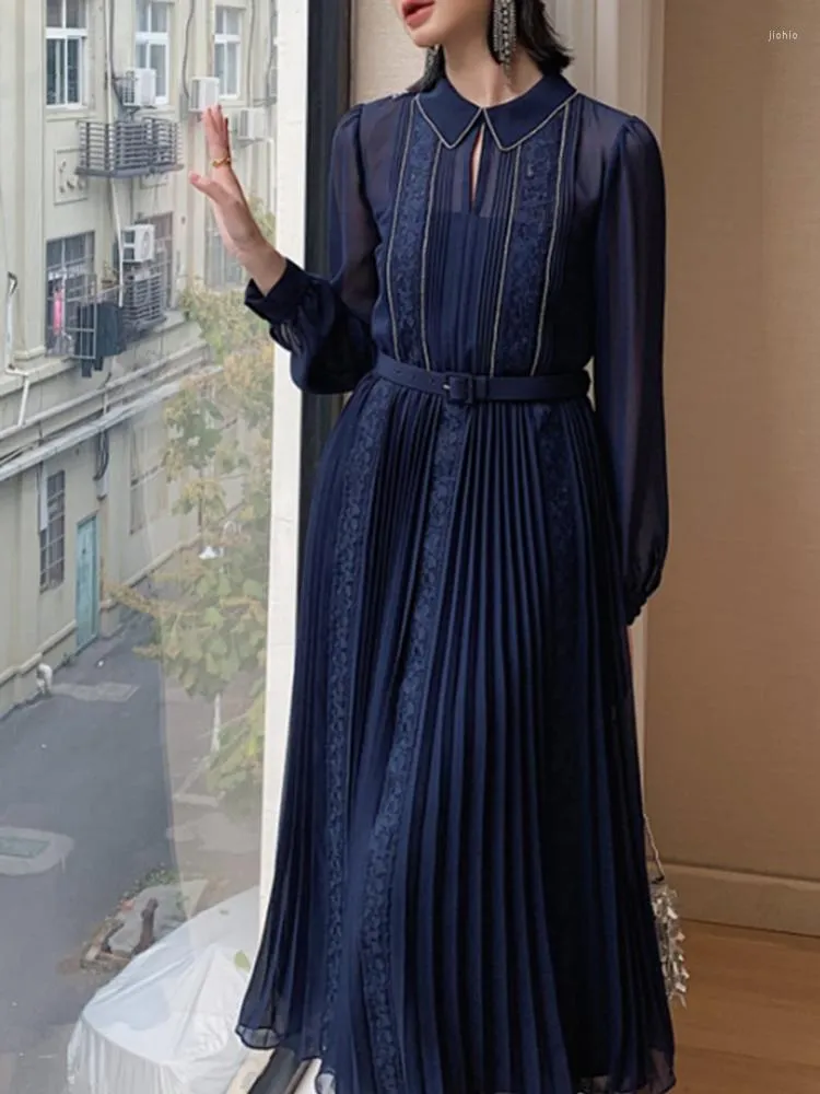 Vestidos casuais europeu 2023 primavera feminino design de vestido manga longa renda patchwork vintage elegante azul escuro plissado escritório senhora