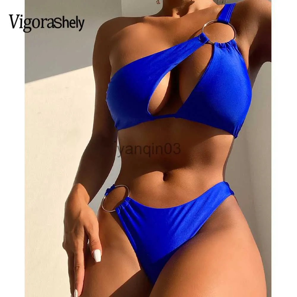 Kvinnors badkläder Vigoashely Blue One Shoulder SwimeWear Women Sexig High Cut Hollow Bikini Set 2023 Ring Push Up Swimsuit Summer Beach Bathing Suit J230603