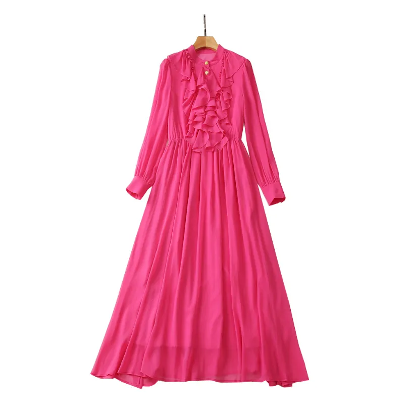 Summer Hot Pink Chiffon Midi Dress with Stand Collar and Long Sleeves,  Solid Color, Casual A-Line from Dhgate Basic & Casual Dresses - price 66.97