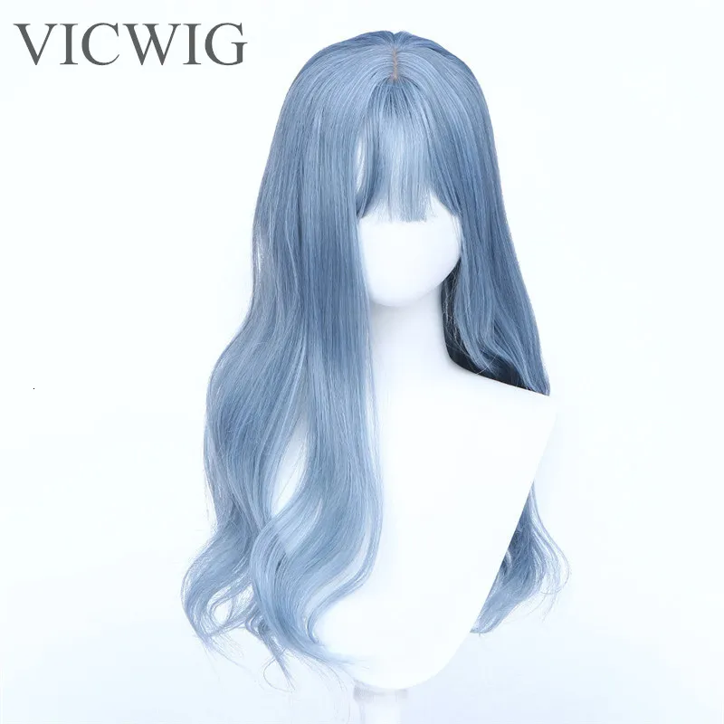 Cosplay شعر مستعار Vicwig الاصطناعية الموجة الاصطناعية ضباب مختلطة الأزرق المستعار الطويل للنساء