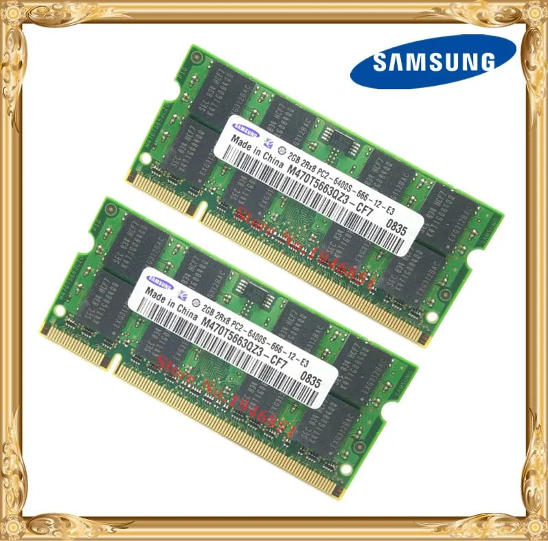 RAMS Memória do laptop Samsung 4GB 2x2GB 800MHz PC26400 DDR2 Notebook Ram 4G 800 6400S 2G 200Pin SODIMM