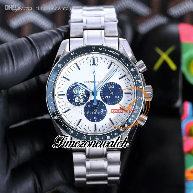 Novo 42mm Snoop Award 50th Anniversary OS Quartz Chronograph Mens Watch 310.32.42.50.02.001 Blue Ceramic Bezel White Dial Steel Bracelet Stopwatch Watches