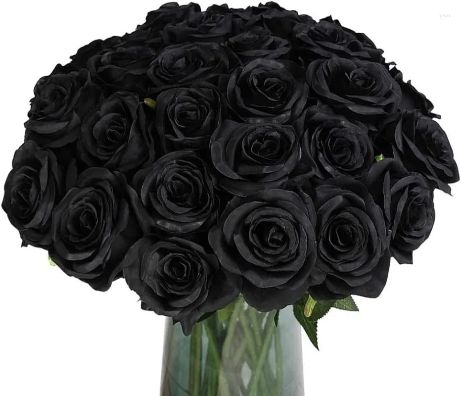 Flores decorativas Halloween seda artificial rosas pretas toque real buquê de casamento para festa de jardim em casa decoração floral 10 pçs