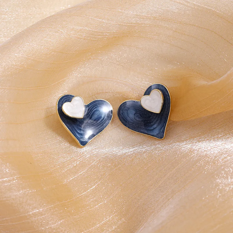 S3734 Fashion Two Wear Blue Enamel Heart Stud Oorbellen voor vrouwen S925 Silver Post Love Hearts Oorbellen