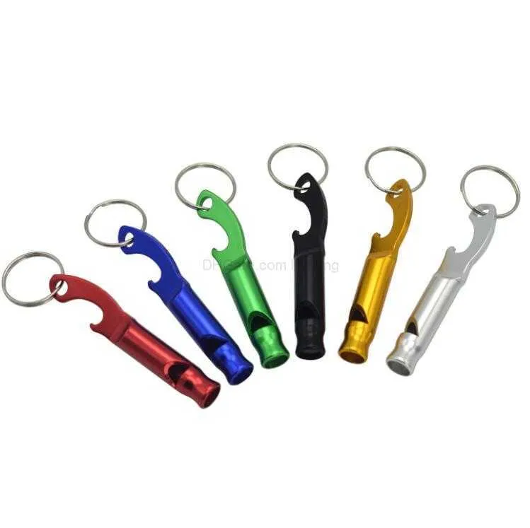 Sifflet en métal multifonctionnel Porte-clés Gadgets d'extérieur Ouvre-bouteille en alliage d'aluminium Outil de survie d'urgence pour le camping Randonnée Formation porte-clés sifflets