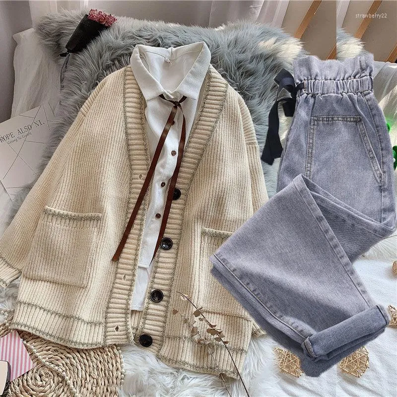 Frauen Zweiteilige Hosen Frauen 2023 Herbst Mode 2 Sets Weibliche Strickpullover Strickjacke Jacken Damen Elastische Taille Gerade Denim Anzüge P181