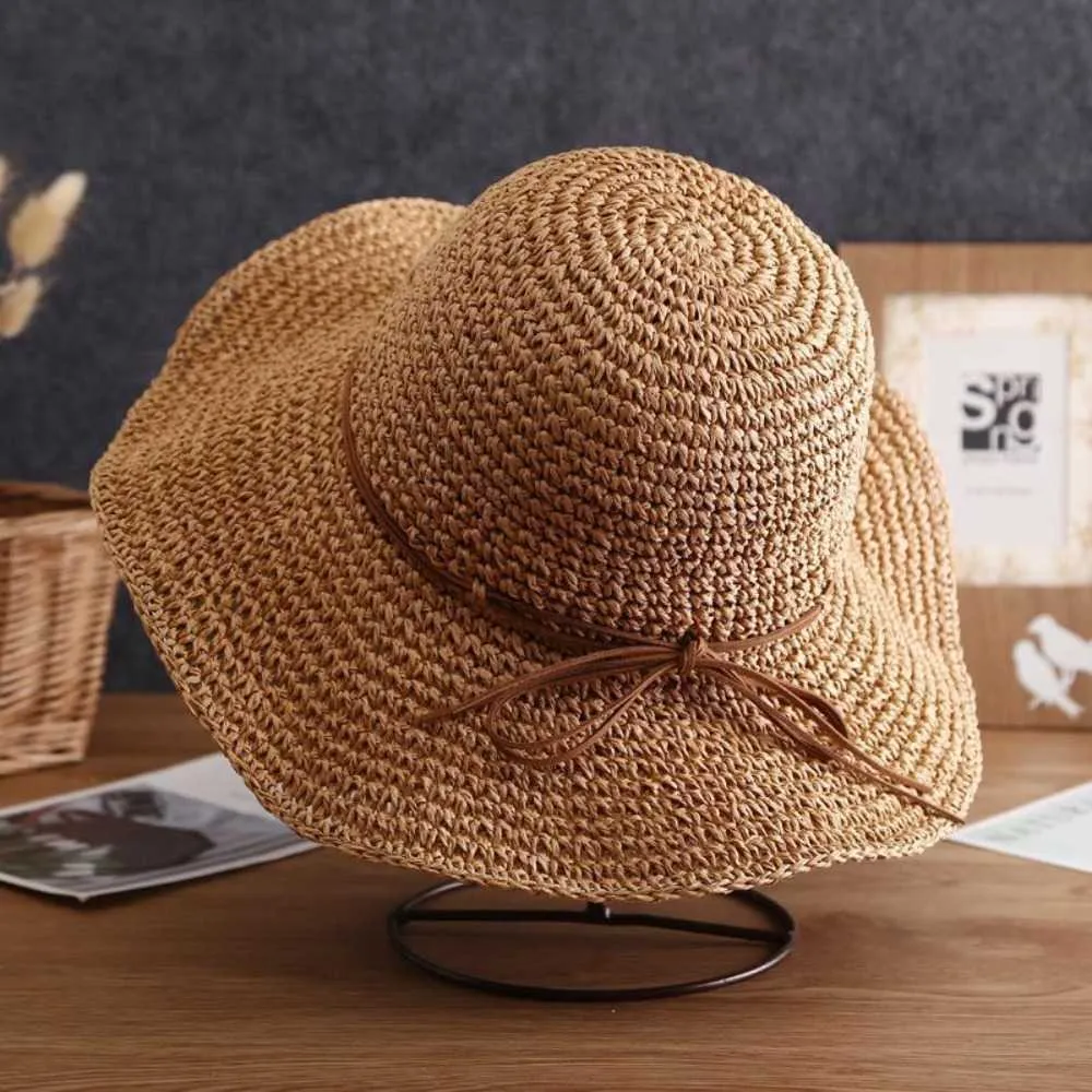 Hats Sun Simple Wide Brim Bow Raffia Foldable Summer Beach Women's Church UV Protection Travel Hat G230603