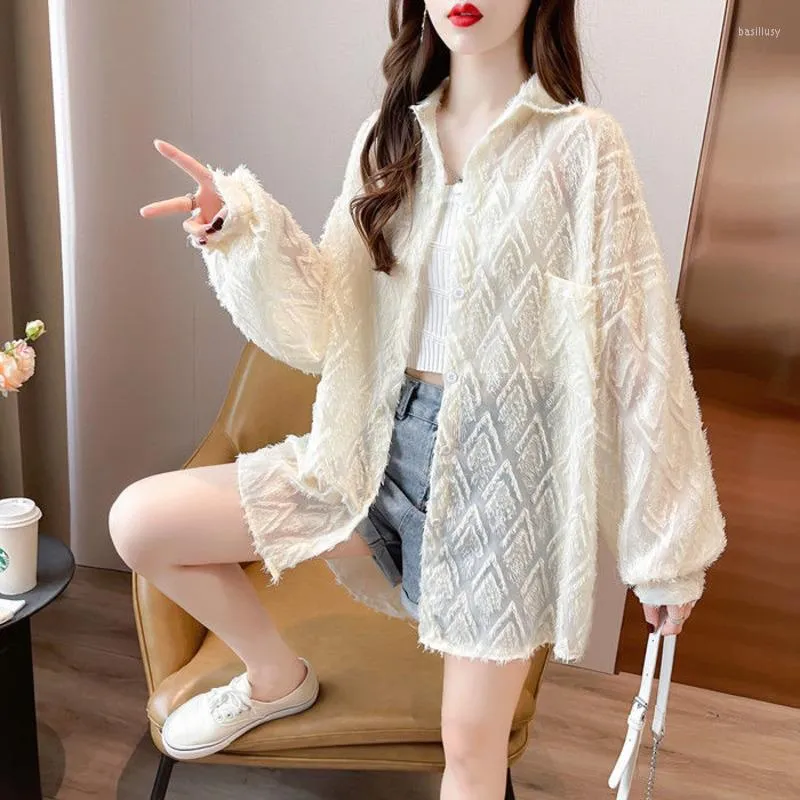 Giacche da donna Camicette di pizzo nero da donna Protezione solare Abbigliamento Elegante Nappa sexy Cappotto trasparente Estetica Moda coreana femminile