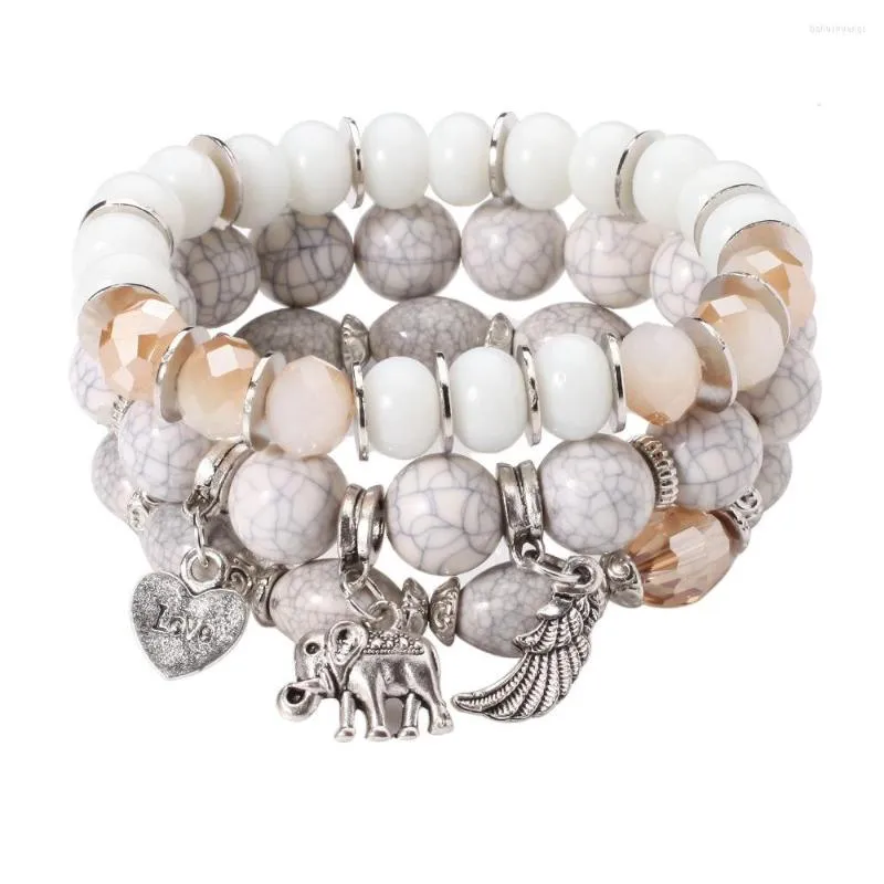 Strand Bohême Éléphant Perlé Bracelet Ensemble Pour Femmes Aile Coeur Charme Marbre Pierre Perles Chaîne Bracelet Dames De Mode Bijoux