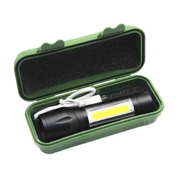 Mini USB -laddningsbar kolv ficklampan Adutable Zoom Aluminium Eloy Q5 Torch Portable Outdoor Camping Lamp 3W Inbyggd batterilampor Ljus med presentförpackning