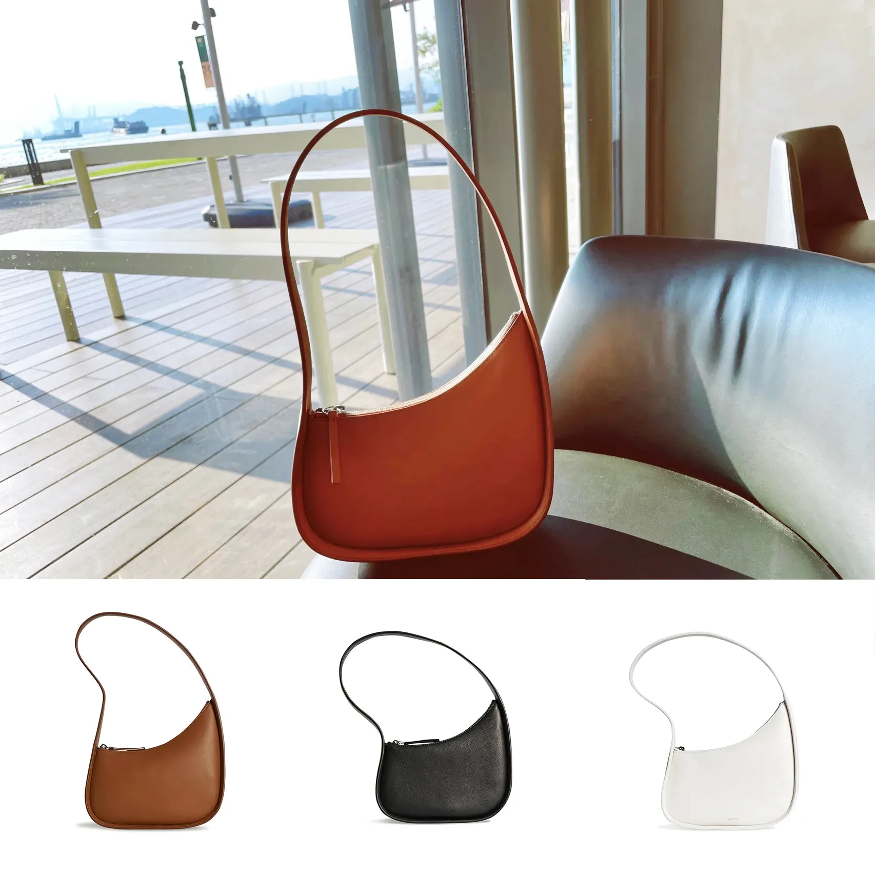 Fashion cowhide half moon bag totes Designer cosmetic bag Women Underarm bags duffle hand bag strap Shoulder Toiletry Kits cross body men hobo Zipper Soft lady clutch