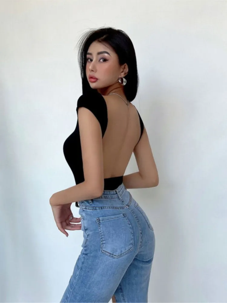 Women's Jumpsuits Rompers Casual Basic Style Babes Sexy O Collar Solid Tight Short-sleeved Body Tops Women's Slim Backless Jumpsuit Summer Bodysuits 230603