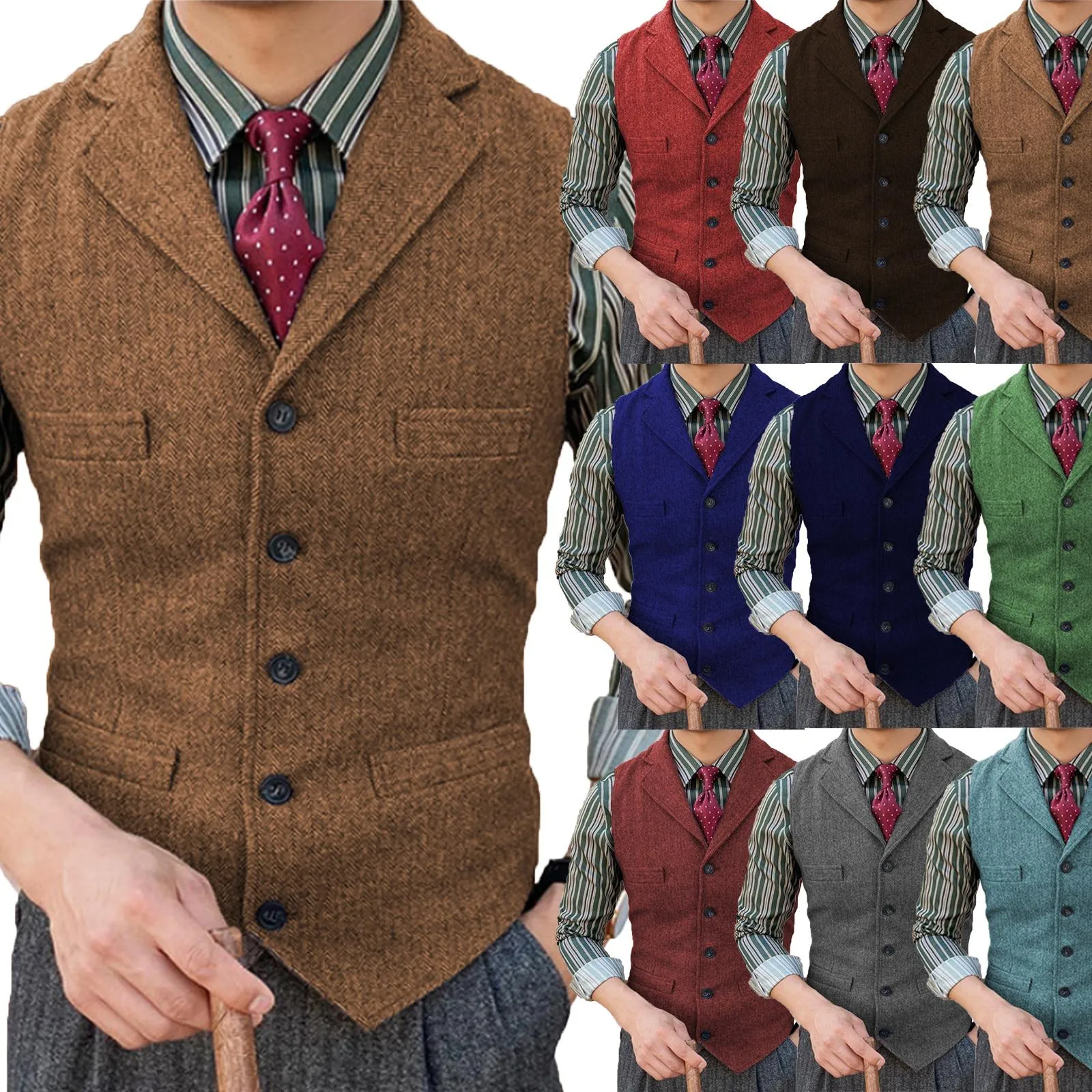 Jackets Men's Vest Slim Fit Suits Vest Herringbone Tweed Notch Lapel Wool Business Casual Waistcoat Grossmen for Wedding