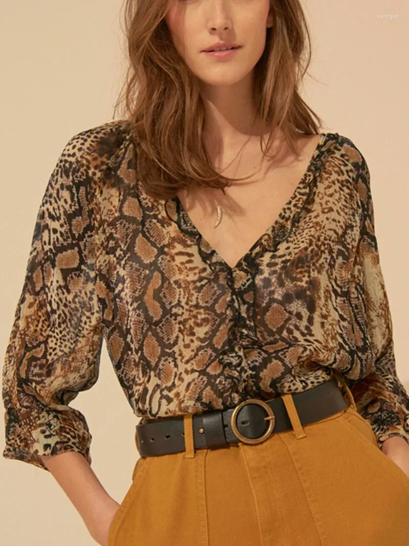 Blusas femininas camisa feminina babado decote em V retrô estampa de leopardo 2023 verão feminina solta blusa manga três quartos