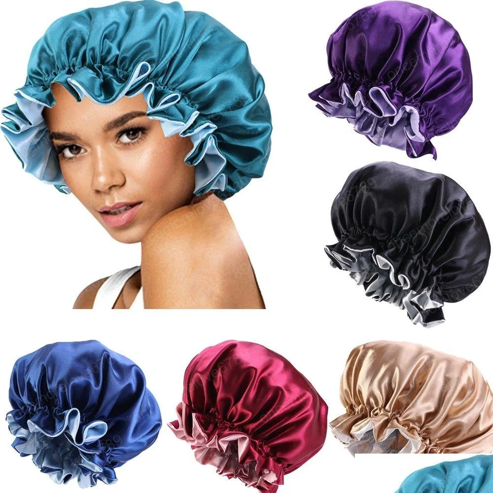 Bonnet / Crâne Caps Extra Large Réversible Femmes Soins Des Cheveux Satin Soie Bonnet Cap Bande Élastique Nuit Sommeil Chapeau Head Wrap Cover Chemo Ni Dh2Lc