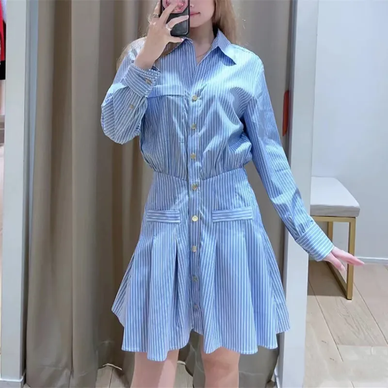 New-M-aje Striped A-line Shirt Dress Fit Pleated Mini Dress for Women