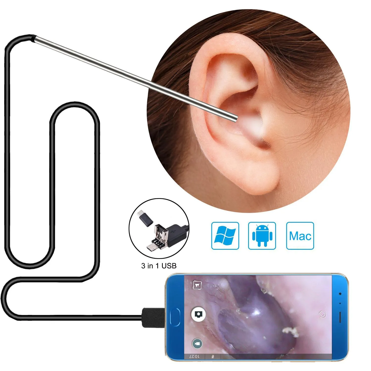 ケア3 in 1耳のワックス除去ツールUSBオトスコペアスコープ耳洗浄内視鏡視覚耳スプーン5.5mmイヤピック耳鏡