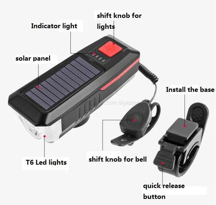 LED USB Oplaadbare Fietsverlichting Koplamp Zonne-energie Koplamp Waterdichte fietsveiligheidswaarschuwingslichten Fietsaccessoires uitrusting