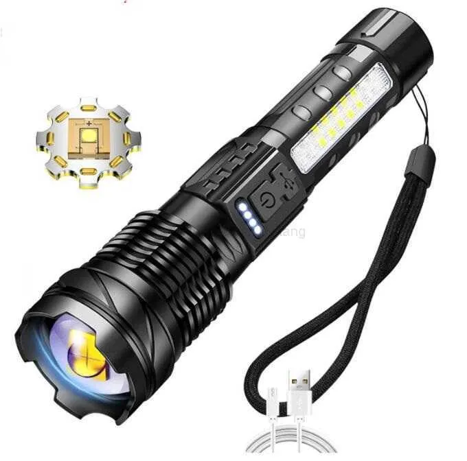 Lanterna recarregável usb 8000lm super brilhante led tocha com cob sidelight bolso chaveiro lanterna lanterna de acampamento zoomable lâmpadas portáteis alkingline