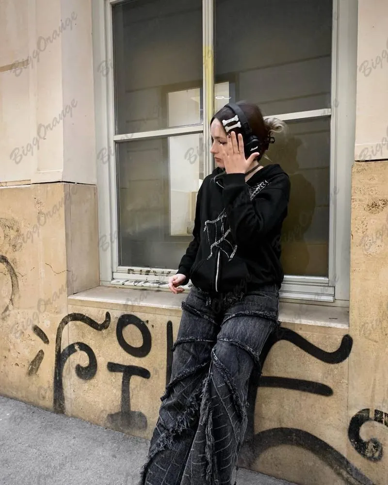 Vintage Oversized Black Split Hem Jeans For Men Spider Web