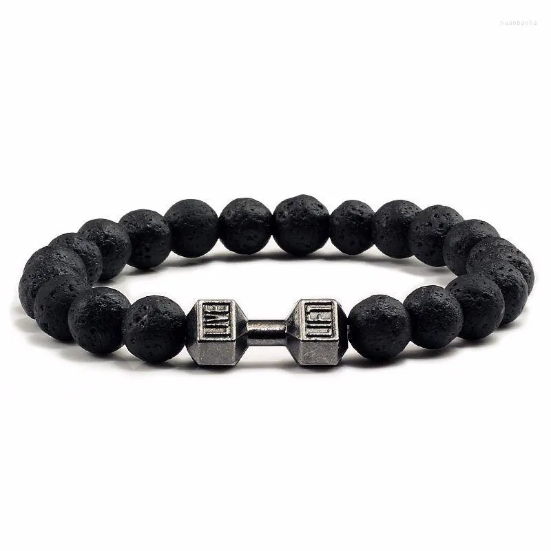 Strand Natural Black Volcanic Lava Stone Dumbbell Bracelet Fashion Matte Beads Bracelets For Women Men Pulseras Mujer Bijoux Femme