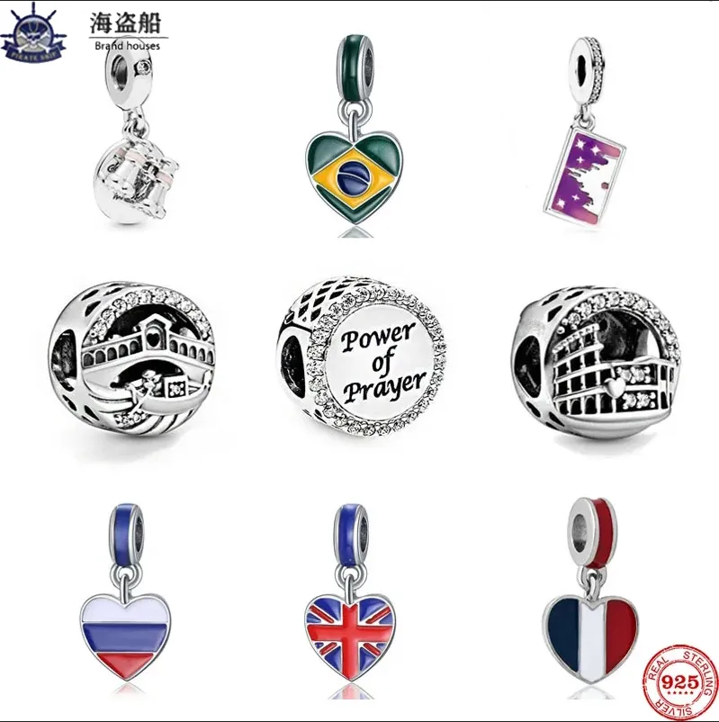 925 Sterling Silver Charms Beads for Pandora Bracelet, Dangle UK, Brazil, Russian, France Flag, Heart, DIY Jewelry