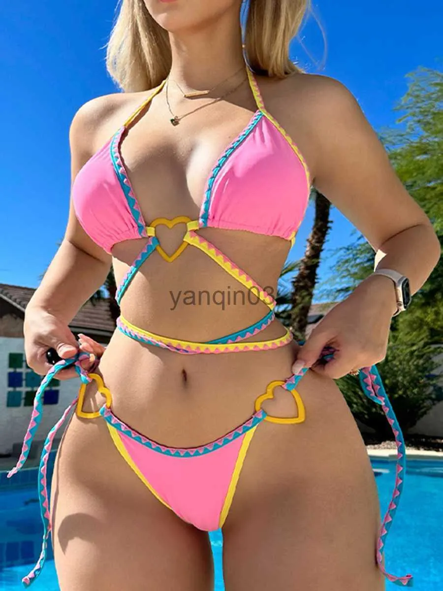 Damen-Bademode Yiiciovy Damen-Bikini zum Valentinstag, Sommer, zweiteilig, Bandage-Bikini-Set, Neckholder, Kontrastfarbe, zum Binden, Tanga, Bikinis, sexy Bademode, J230603