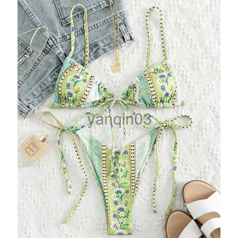 Roupa de banho feminina MYTENG Conjunto de biquíni com estampa floral e bandagem para mulheres Verão Sexy Push Up Maiô Beachwear Halter Biqiuni Maiô J230603