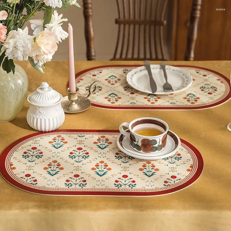 Table Mats Nordic Retro American Floral Leather Placemat Waterproof Oilproof Heat-Insulated Mat Plate Bowl Pad Dinning Room Decor