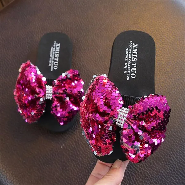 Nieuwe Mode Pailletten Strik Prinses Schoenen Kinderen Strand Slippers Meisjes Sandalen Platte Bodem Antislip Zachte Kinder Slippers