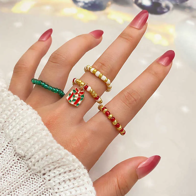 Xmas Seed Beads Rings For Women Adjustable Opening Enamel Santa Claus Bell Elk Snowflake Xmas Pendant Jewelry New Year Gift 1set