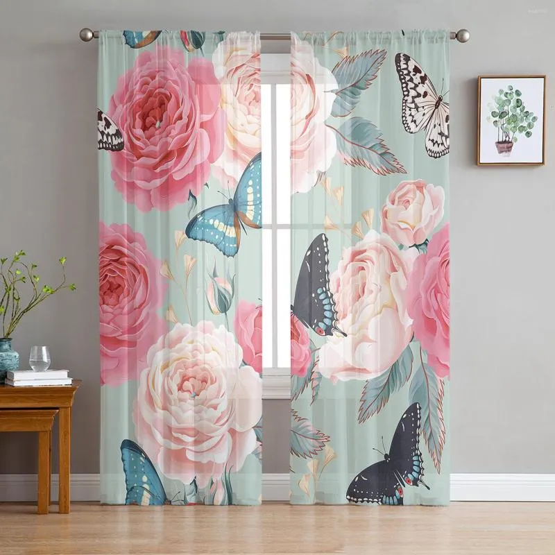 Curtain Peony Flower Butterfly Tulle Curtains For Living Room Bedroom Kitchen Decoration Chiffon Sheer Voile Window Kids Drape