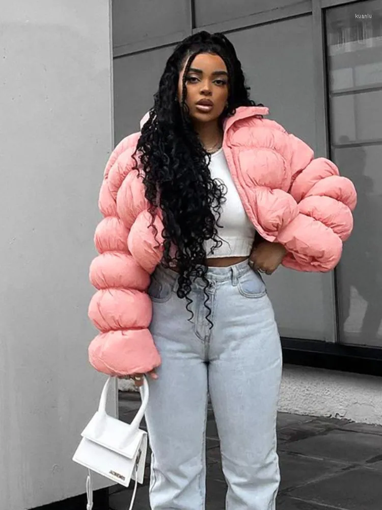 Trench da donna WeiYao Parka Giacca invernale da donna Maniche lunghe a ciambella Colletto alla coreana Cappotto con cerniera Giacche oversize Puffcoat Rosa