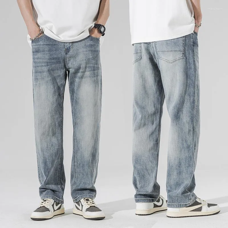 Jeans pour hommes surdimensionnés hommes pantalons à jambes larges Stretch coupe ample pantalon pour bleu clair droit Streetwear lavé Denim décontracté