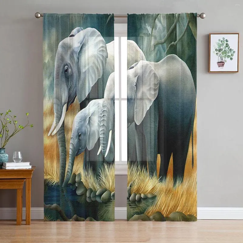 Curtain African Animal Elephant Tulle Curtains For Living Room Bedroom Kitchen Decoration Chiffon Sheer Voile Window Kids Drape