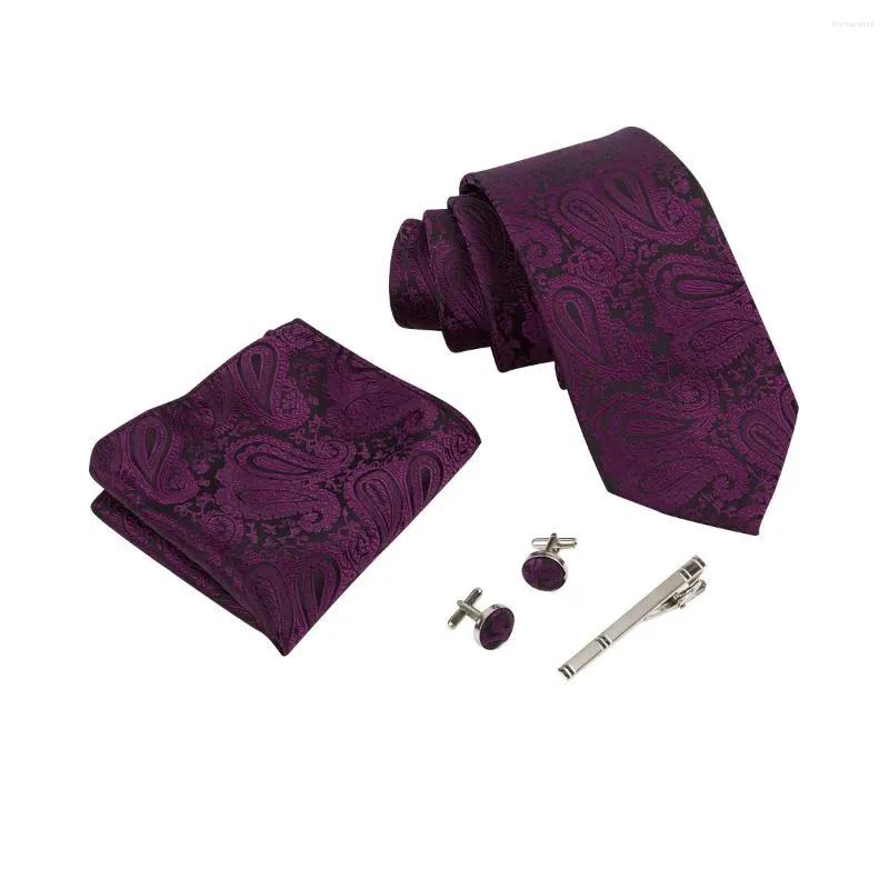 Bow Ties Ikepeibao Men Paisley Slyckor sätter Darkviolet Pocket fyrkantiga metall manschettknappar och klipp svart geometrisk hombre lila