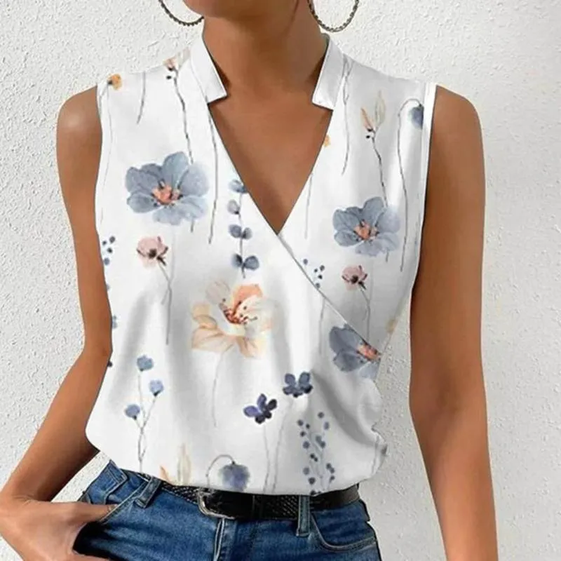 Damesblouses Opstaande kraag V-hals Mouwloos zomervest Kruisomslag Dunne zweetabsorptie Dames bloemenprint los T-shirt