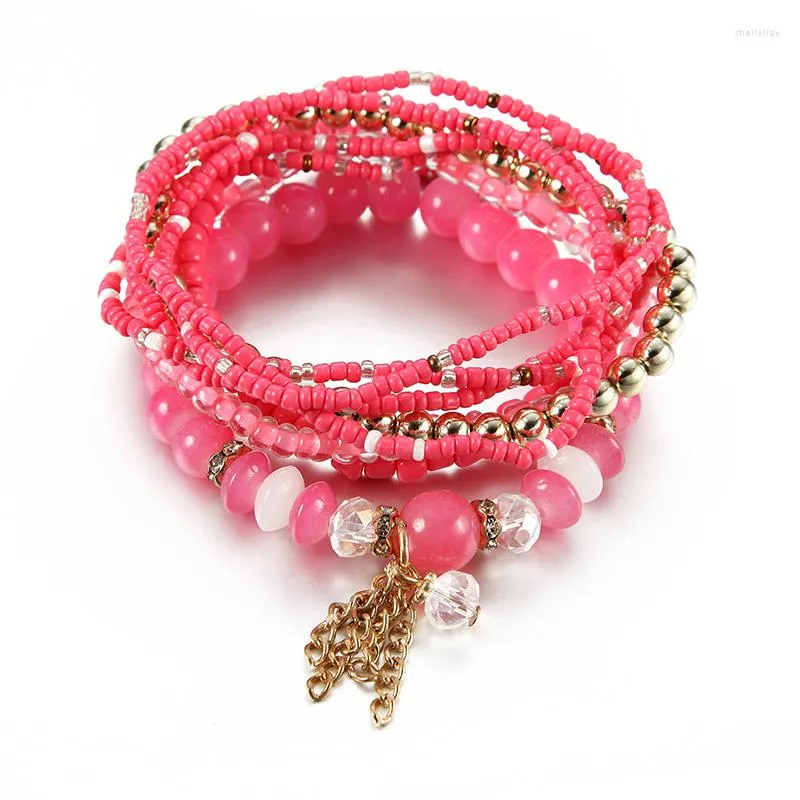 Charm Bracelets Women Bohemian Jewelry Of Multilayer Elastic Weave Set Bangles With Tassel Beads Wrap Bracelet DIY Gift Pulsera