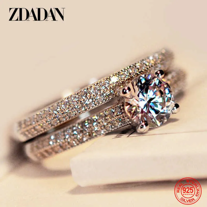 Solitaire Ring Zdadan 925 STERLING Gümüş Çift Zirkon Yüzükleri Kadınlar Moda Düğün Nişan Mücevher Hediye Z0603