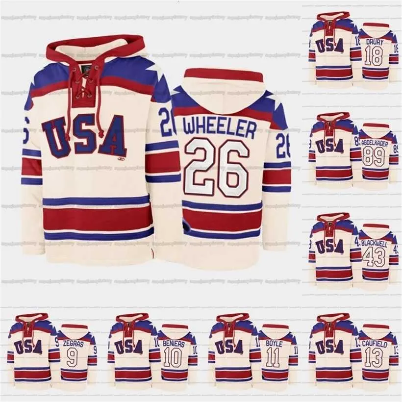 C2604 A3740 USA Hockey Team Lace-up Relate Hoodie Jersey Custom 9 Trevor Zegras 26 Blake Wheeler 18 Jack Drury 43 Colin Blackwell 11 Brian Boyle 12 Alex Alex