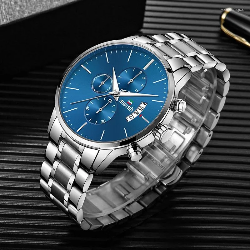 Montres-bracelets SWISH De Luxe Bleu Plein Acier Hommes Montres Chronographe Date D'affaires Montre-Bracelet Pour Homme Étanche Mouvement À Quartz De Mode
