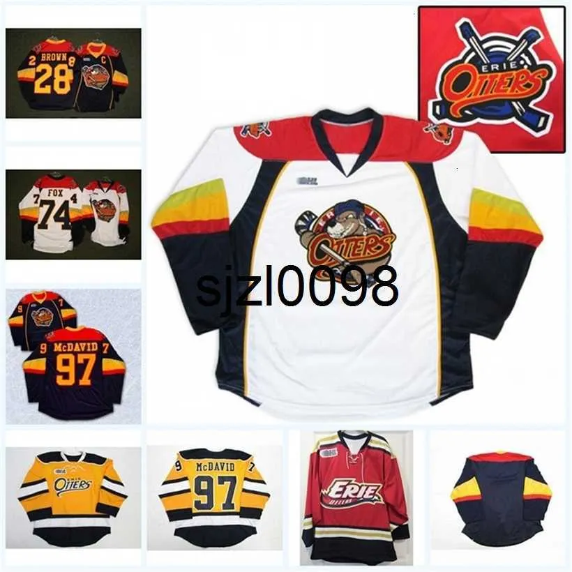 Sj98 Herren Erie Otters 74 Dane Fox 97 Connor McDavid 28 Connor Brown 100 % Stickerei, beliebiger Name, beliebige Nummer, Hockey-Trikots, Marineblau, Weiß, Gelb