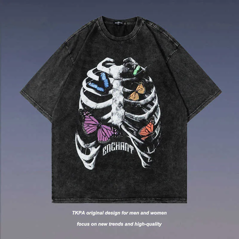 TKPA Butterfly Skull Print Wash Short Sleeve T-Shirt Men's Hip Hop High Street Par Top