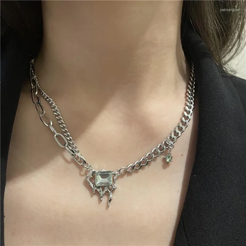 Pendant Necklaces U-Magical Stainless Steel Melting Wax Rhinestone Necklace For Women Asymmetry Chunky Chain Jewelry_voghion.com