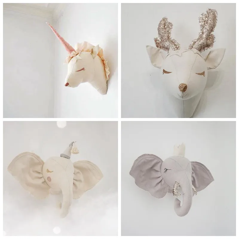 Wall Decor Baby Girl Room Decor Deer Unicorn Stuffed Toys Animal Heads Wall Decoration For Bed Children Nursery Room Decoration Nordic Toy 230603