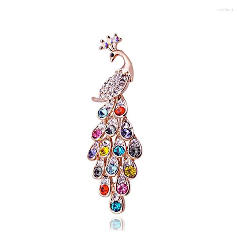 Broches Classique Coloré Strass Paon Broche Pour Les Femmes Robe Écharpe Pins 18K Plaqué Or Bijoux Bouquet De Mariage Breastpin